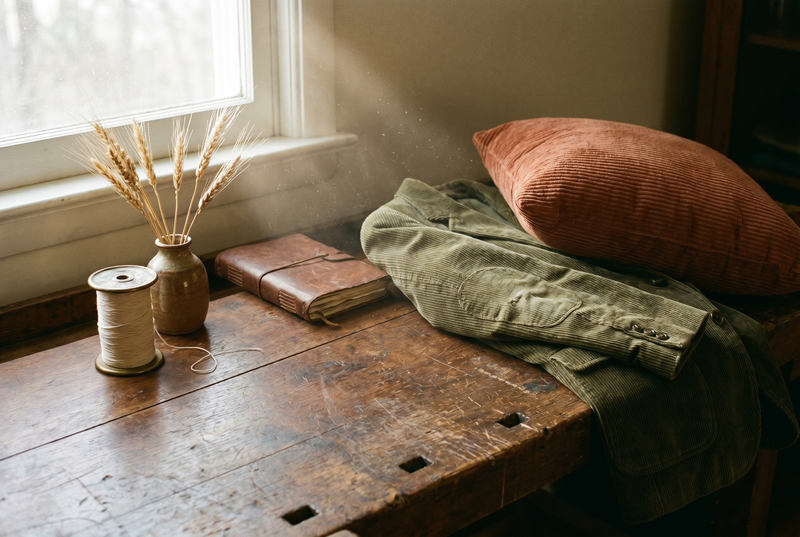 Veste vintage en velours côtelé et coussin terracotta sur établi en chêne — histoire du corduroy