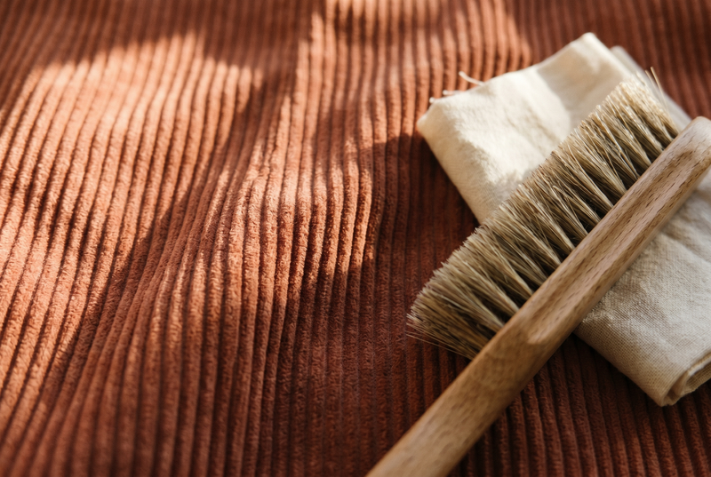 Macro de velours côtelé terracotta avec brosse douce — guide d'entretien Mooni Paris