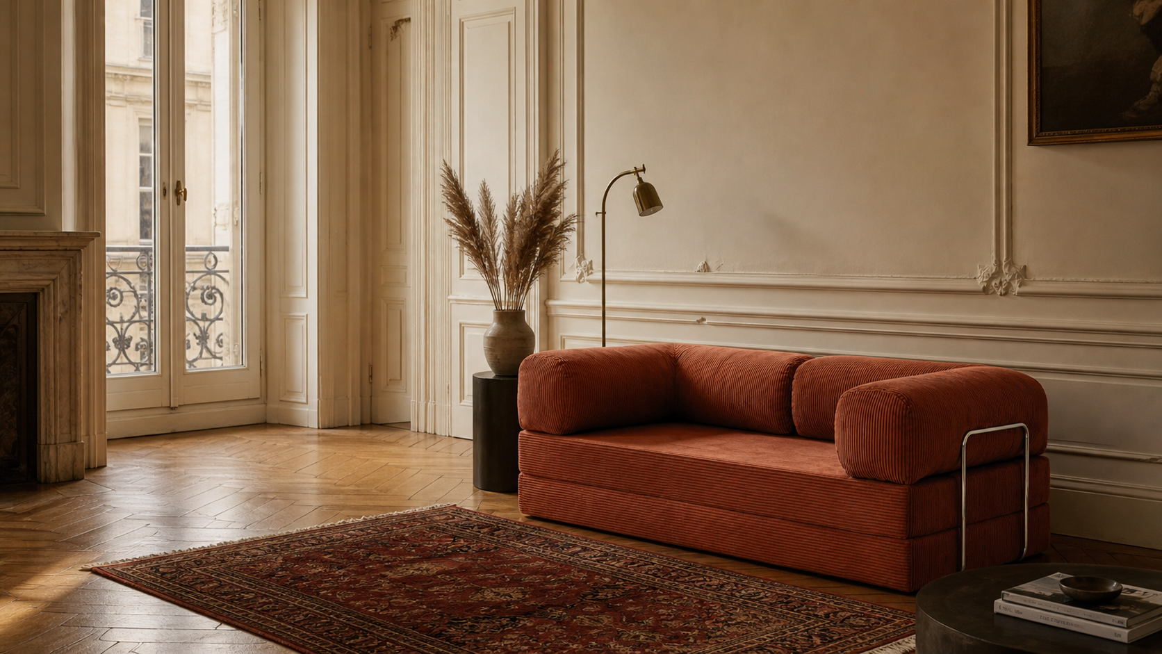 Mooni Paris — salon haussmannien avec canapé terracotta